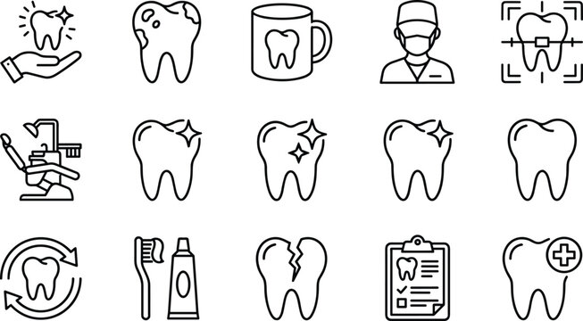Set of vector outline icons of teeth, dental care, and dentistry on a transparent background.