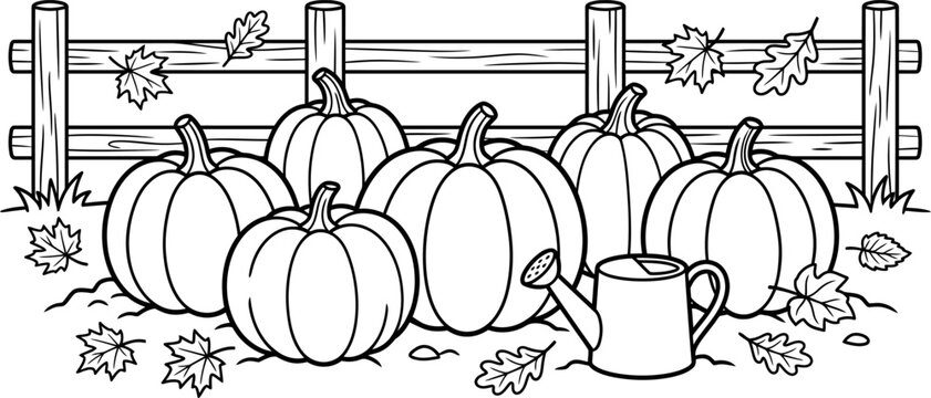 Fall harvest pumpkin patch coloring page with fence and watering can