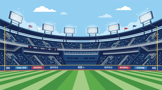 Wide Angle Flat Vector Illustration of an Empty Baseball Stadium Outfield with Green Grass Pitch Stadium Lights Seating Tiers and Scoreboard under Blue Sky