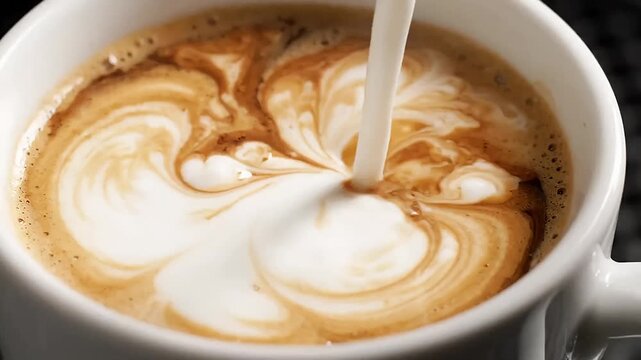 Close-up coffee latte art, steamed milk swirling, brown and white foam design, pouring milk