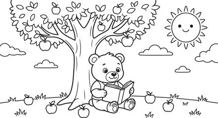 Fototapeta premium Cute teddy bear reading under apple tree coloring page for kids