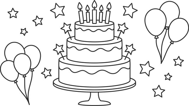 Birthday cake coloring page with balloons and stars for kids
