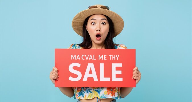 Banner of surprised Asian woman in summer outfit showing sale sign
