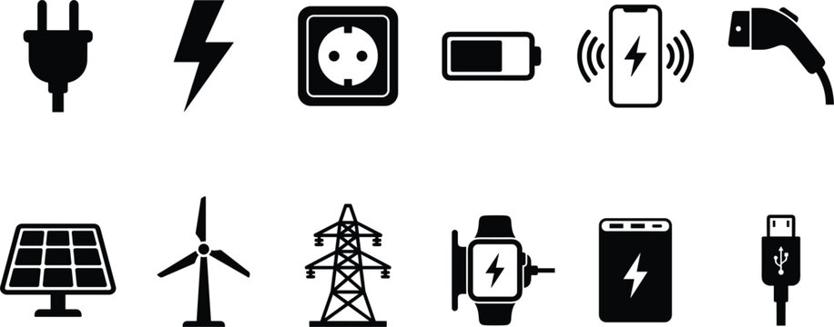 Electrical Energy and Charging Icon Collection Featuring Power Supply Renewable Electricity and Battery Technology Symbols