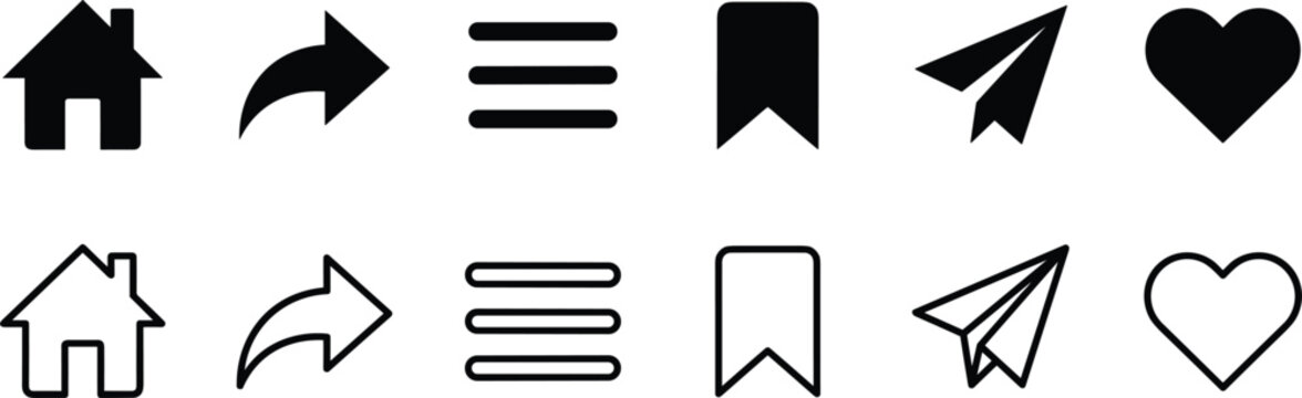 User Interface Navigation Icon Collection Featuring Home Menu Bookmark Messaging Favorites and Communication Elements