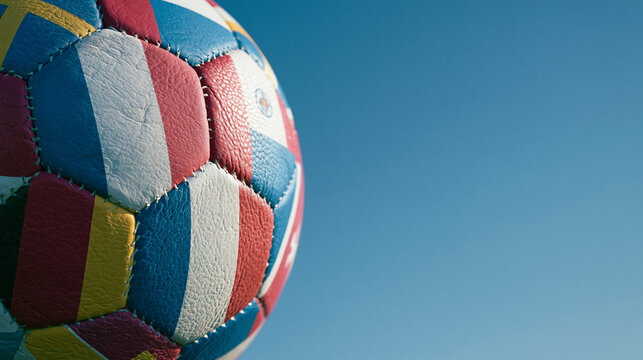 International patchwork soccer ball on blue background
