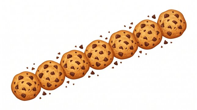 Diagonal row of golden cookies with scattered chips, minimalist food pattern emphasizing repetition, texture, and warmth.