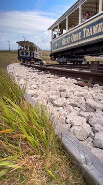 Two Vintage Great Orme Tramway Cars Passing Each Other on the Summit Track, Llandudno, Conwy, North Wales, United Kingdom, UK