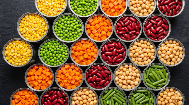 Assortment of canned vegetables and legumes in small bowls, top view