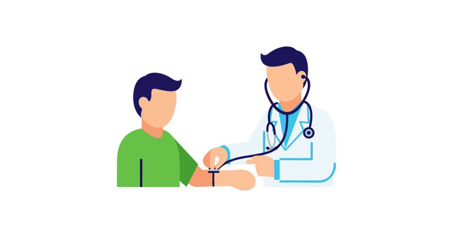 Doctor checking patient's blood pressure with stethoscope and cuff vector illustration