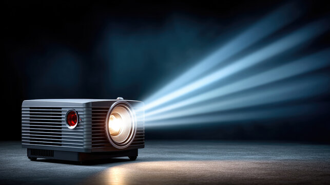 Compact multimedia projector emitting powerful light rays against a smoky backdrop, symbolizing cutting edge display technology providing a versatile and engaging viewing experience