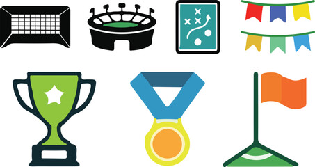 Sports Event and Tournament Icons Set – Stadium, Goal, Strategy Board, Trophy, Medal and Corner Flag Vector Illustration © MINHAJUR