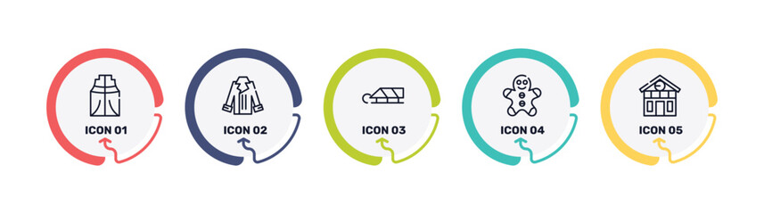 winter outline icon set featuring anorak vest, coat, sledge, gingerbread man icons. © VectorStockDesign