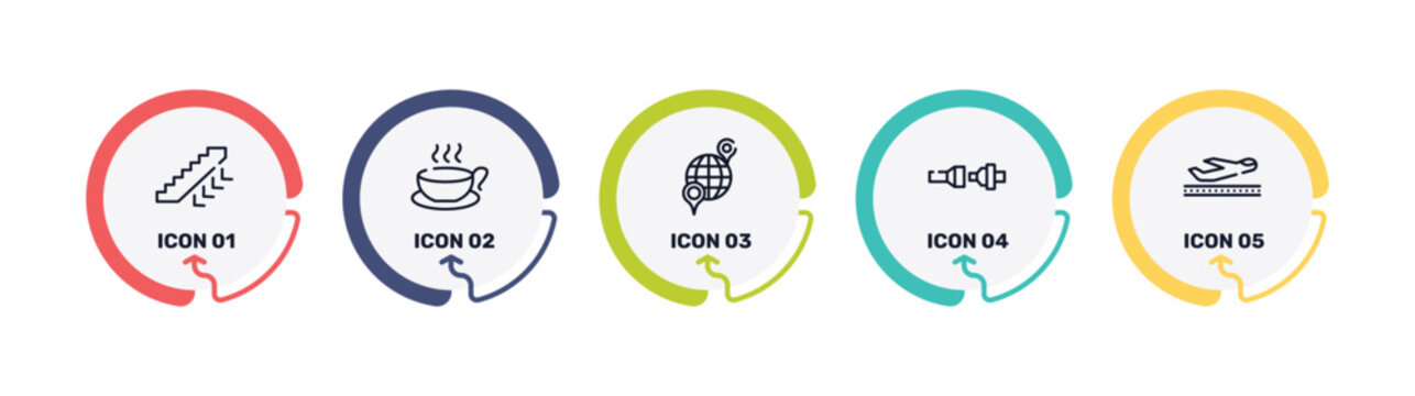 in the airport outline icon set featuring ors down, cup of hot coffee, international location, fasten your seatbelts icons.