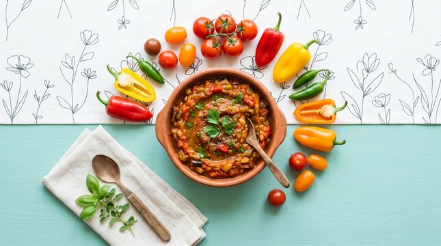Minimalist flat lay of zacusca in terracotta bowl framed by fresh summer vegetables