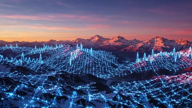 Cinematic aerial view of a vast mountain landscape at sunset with digital wave overlays symbolizing wireless broadband signal reaching remote areas