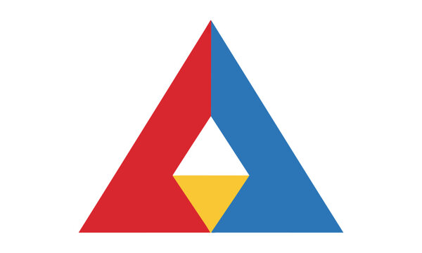 An equilateral triangle icon with minimalist geometric segments in vibrant primary colors red, blue, and yellow on white, modern graphic design concept