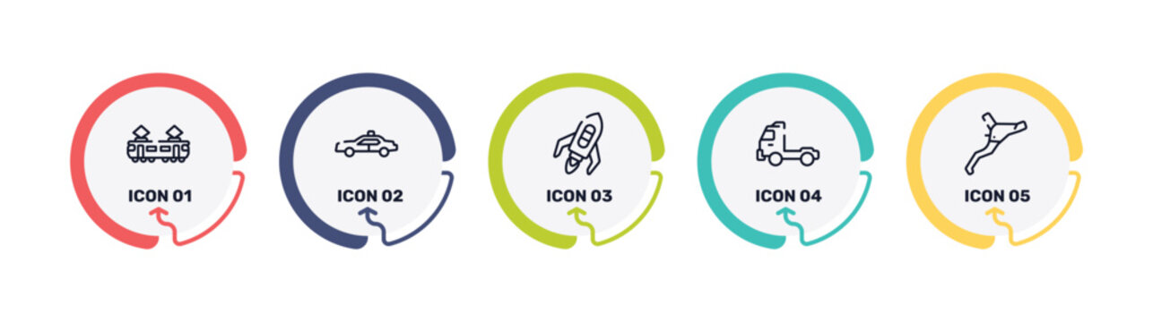 bicycle outline icon set featuring tram side view, police car side view, flying rocket, pickup truck side view icons.