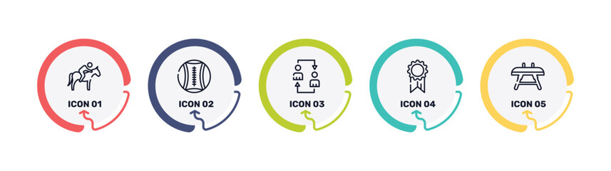 sport outline icon set featuring horse riding, medicine ball, substitution, first place icons. © VectorStockDesign