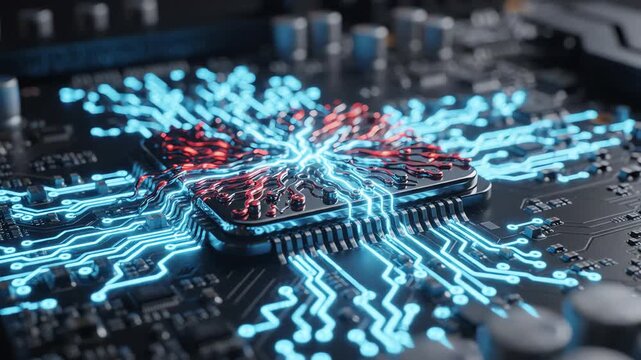 Cinematic close up of a futuristic bio mechanical microchip with pulsing light circuits on a dark motherboard surface representing a brain computer link