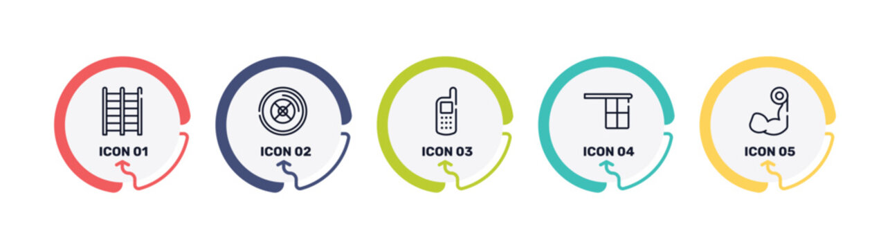 gym outline icon set featuring trellis, weight plates, variometer, offside icons.