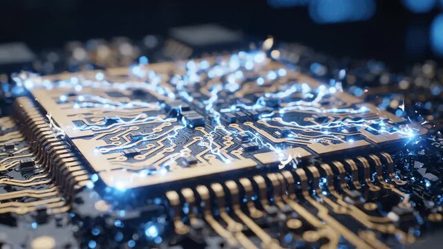 Cinematic close up of a futuristic glowing microchip with blue energy pulses flowing across intricate gold circuitry representing brain computer interface hardware