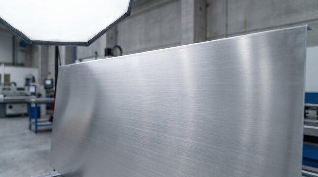 A large, brushed metal sheet or panel in an industrial setting with machinery and equipment in the background under softbox lighting.