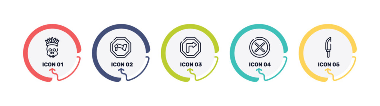 american indigenous outline icon set featuring native american skull, camera, right bend, unchecked icons.