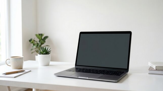 A sleek black laptop sits on a pristine white desk surrounded by a ceramic coffee mug, a small potted succulent plant, a notepad with a pencil, and a stack of books near a bright window.