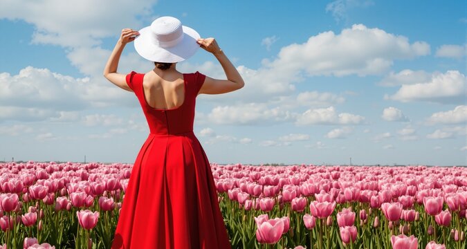 rear view of woman in classic red dress holding her white summer hat in a field of pink tulip flowers under blue sky with clouds
