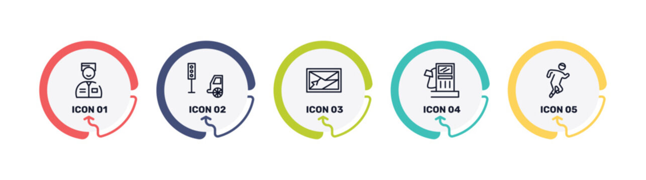 poi public places outline icon set featuring valet, car traffic, navigator, fuel oil bomb service icons.