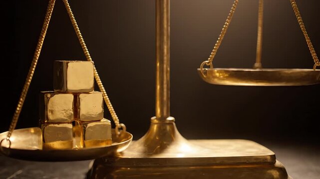 Cinematic close up of golden metallic cubes balancing on a sleek brass scale tipping slowly in a dark professional studio setting