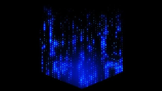 Abstract isometric CPU chip processing data flow. Glowing blue light particles moving vertically from microprocessor microchip. Computer server hardware data transmission loop animation.