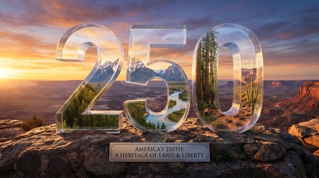 Glass number two hundred fifty containing diverse american landscape scenes featuring mountains river forest and desert on stone pedestal cliff edge sunset background.