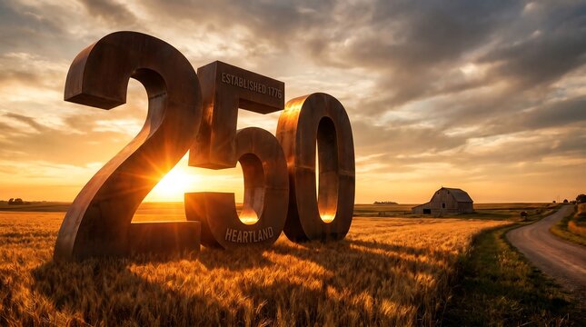 Large metal sculpture of number two hundred and fifty standing in golden wheat field under dramatic sunset sky representing heartland heritage and historic growth.