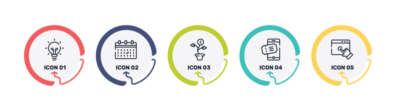 multimedia marketing outline icon set featuring big light bulb, calendar event, money flower, eticket icons.