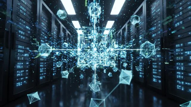 Cinematic dolly shot of a dark high tech server room with floating holographic data streams and interconnecting geometric shapes