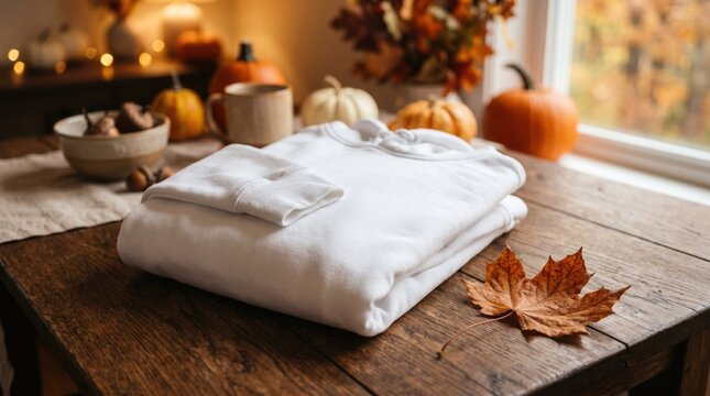 A neatly folded stack of white sweaters on a rustic wooden table surrounded by autumnal decorations including pumpkins and leaves.