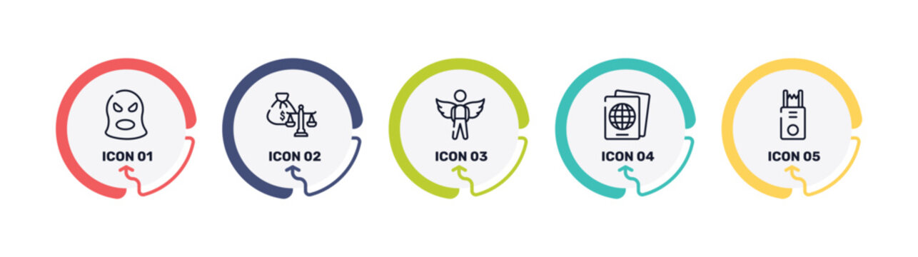 law and justice outline icon set featuring balaclava, inheritance law, innocent, immigration icons.