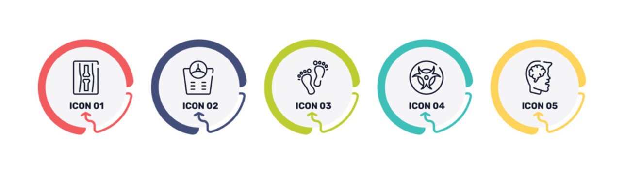 in the hospital outline icon set featuring x ray of bones, bathroom scales, human feet shape, toxic icons.