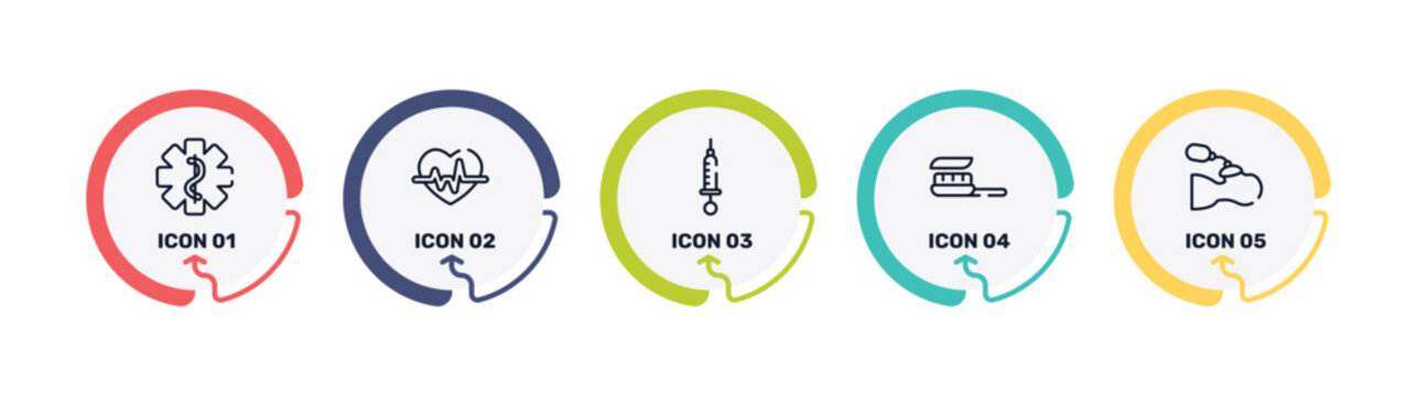 health set outline icon set featuring star of life, heart with electrocardiogram, syringe with medicine, brush with tooth paste icons.