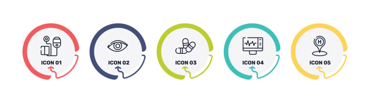 medical icons outline icon set featuring blood pressure control tool, eye closeup, two color pill, electrocardiogram on screen icons.