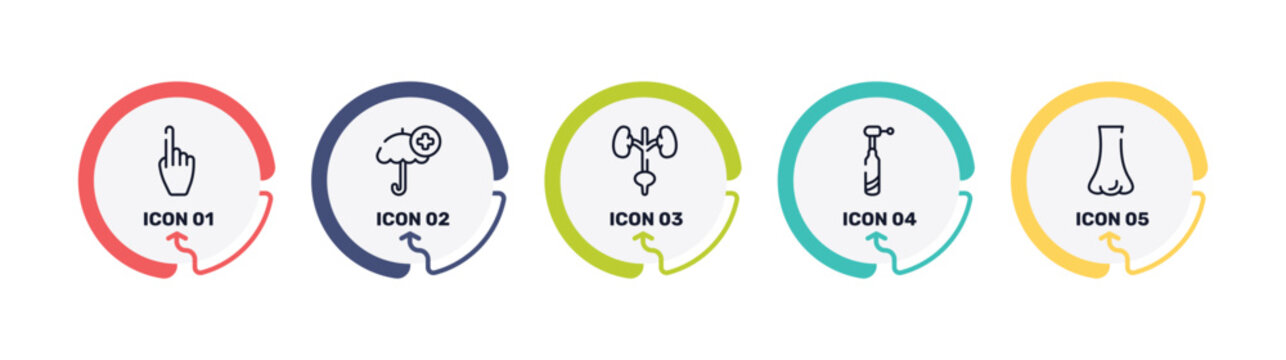 body parts outline icon set featuring hand gesture raising the index finger, umbrella with plus, excretory system, dentists drill tool icons.