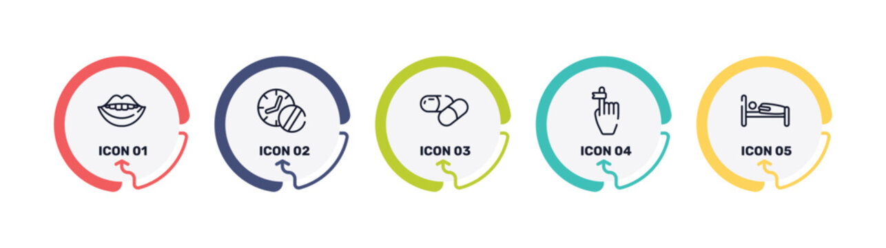 medicine and health outline icon set featuring smiling mouth showing teeth, medicines time, medicine capsule, hand finger with a ribbon icons.