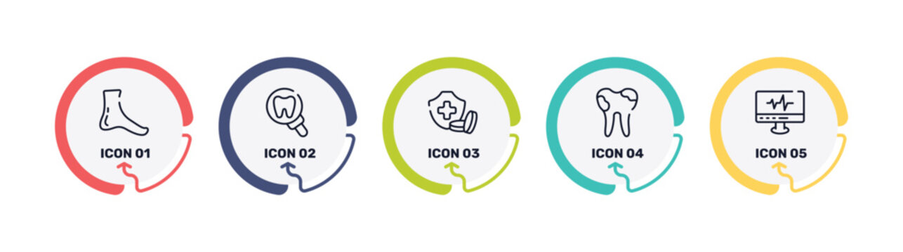 medicine and health outline icon set featuring foot side view, tooth zoom, health insurance or hospital costs, dental caries icons.