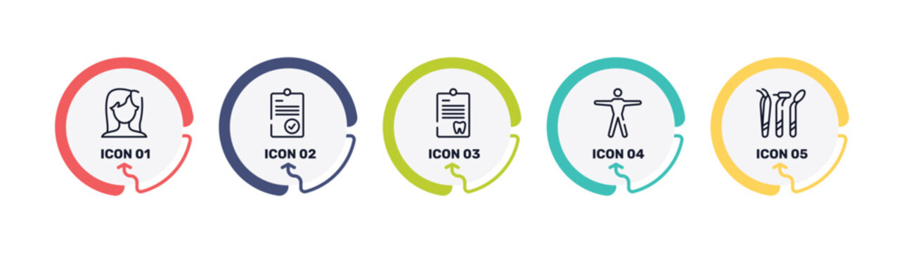 medicine and health outline icon set featuring brunette female woman long hair, positive verified, note on a clipboard, human body standing icons.