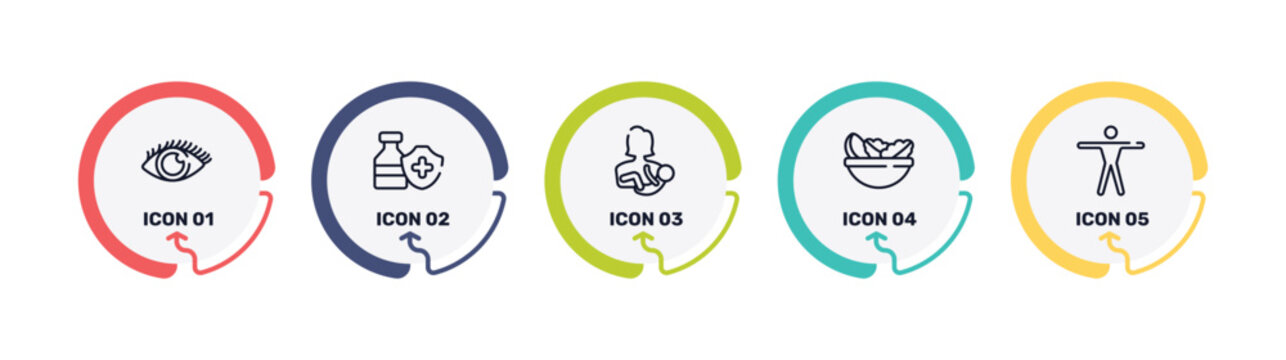 medical icons outline icon set featuring eye with enlarged pupil, immunity drugs, mother with baby in arms, vegetarian diet icons.