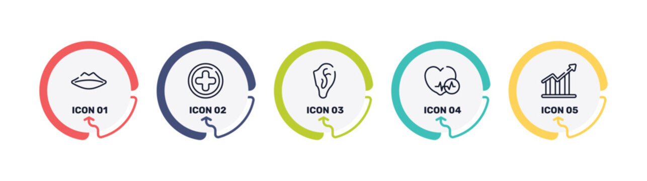 medicine and health outline icon set featuring thin lips, hospital medical, ear, heart black shape icons.