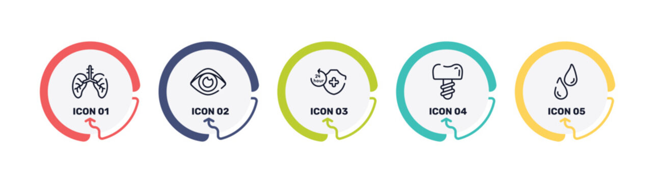 body parts outline icon set featuring lungs with the trachea, human eye shape, 24 hours medical assistance, dentist tooth with metallic root icons.