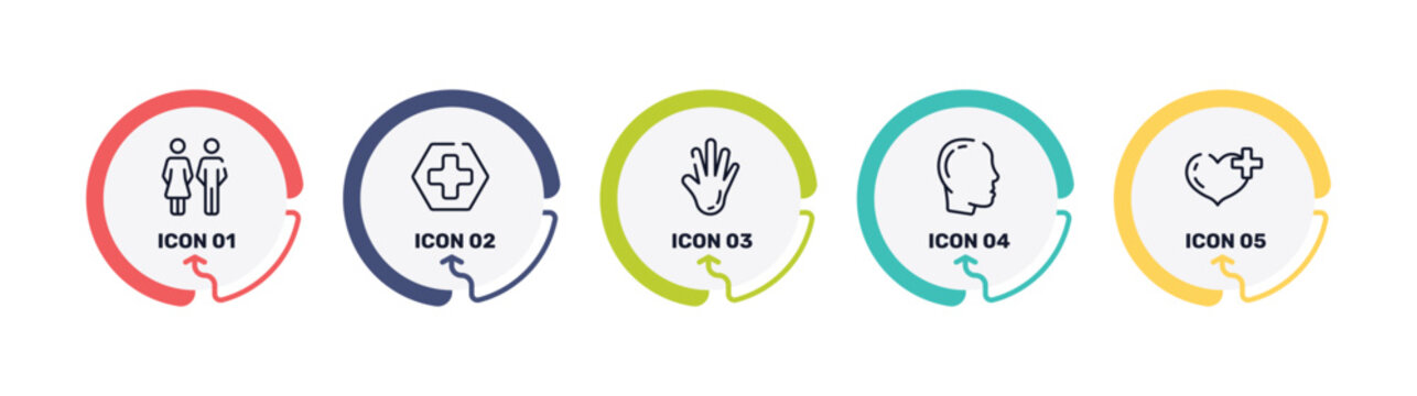 medicine and health outline icon set featuring family of heterosexual couple, red cross, hand showing palm, male with bald hair side view icons.